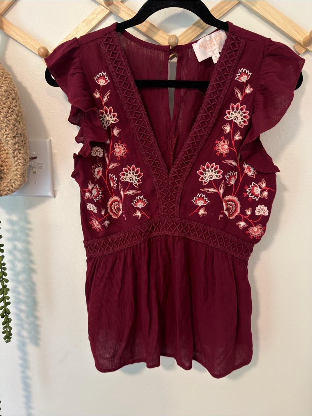 Auden Burgundy Embroidered V-Neck Flutter Sleeve Blouse